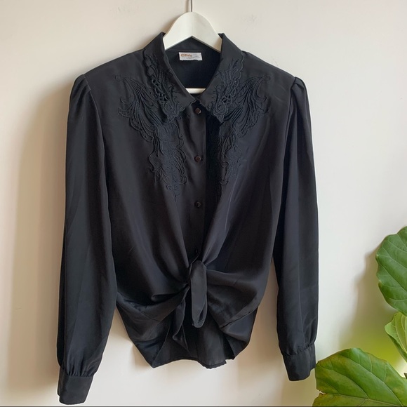 Vintage Tops - Vtg Black Button Down Shirt Elite Cut Out Collar L